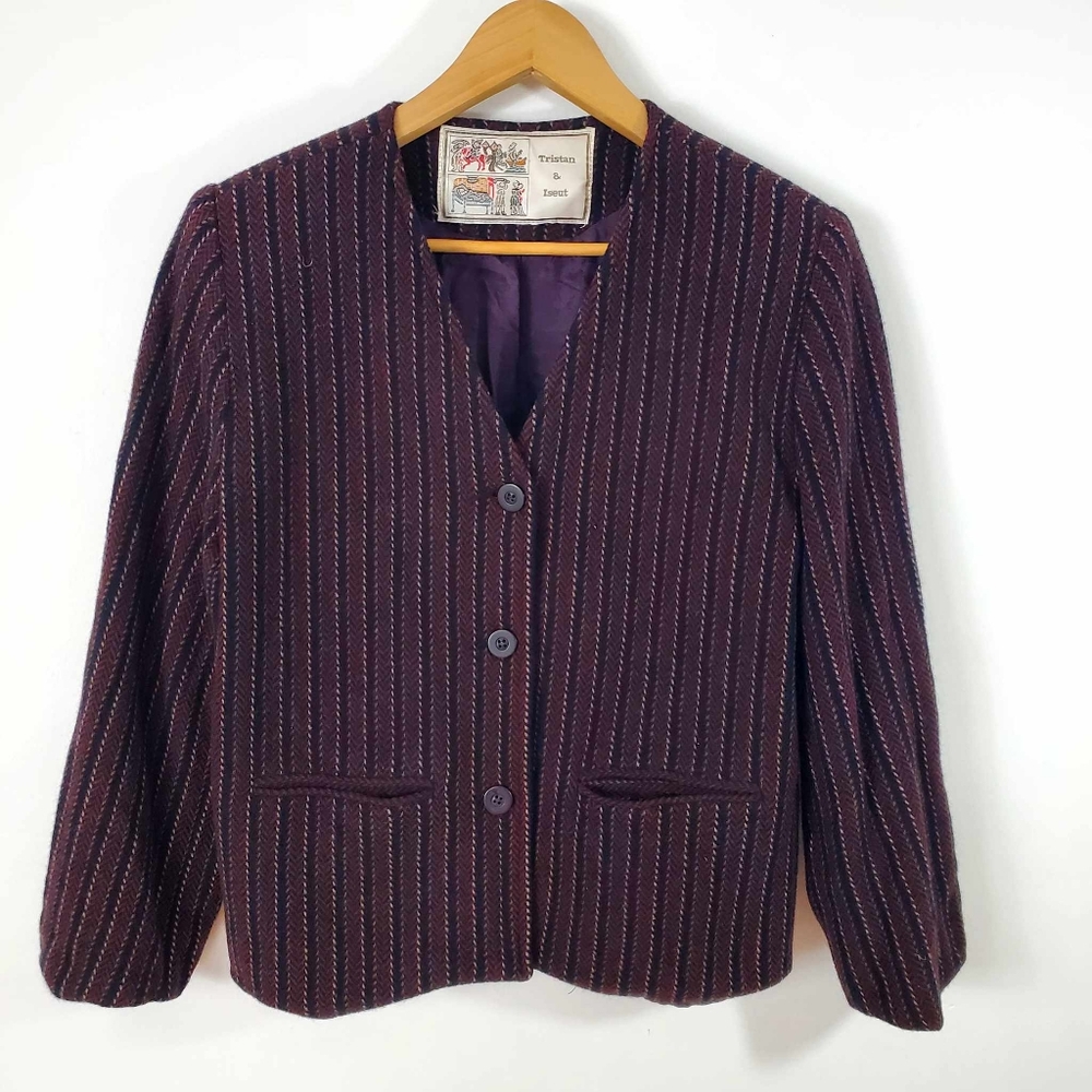 Vintage 80s 100%Virgin Wool Blazer Stripes 3 Buttoms Closure Tristan & Iseut